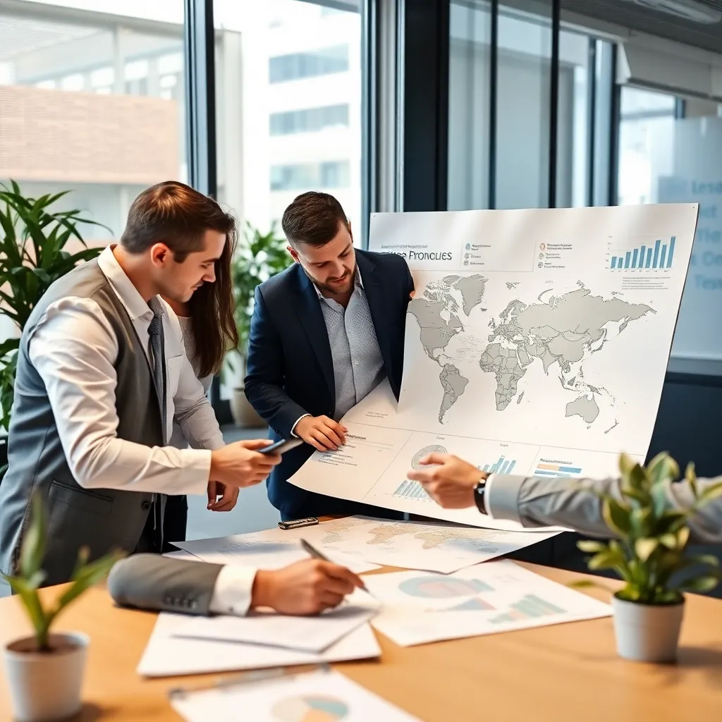Empresarios argentinos analizando mapas de expansión global