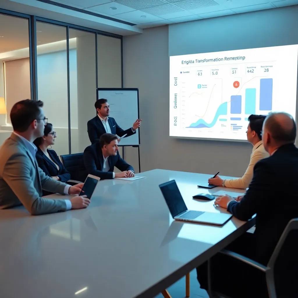 Consultores presentando un plan de transformación digital a ejecutivos de una empresa argentina