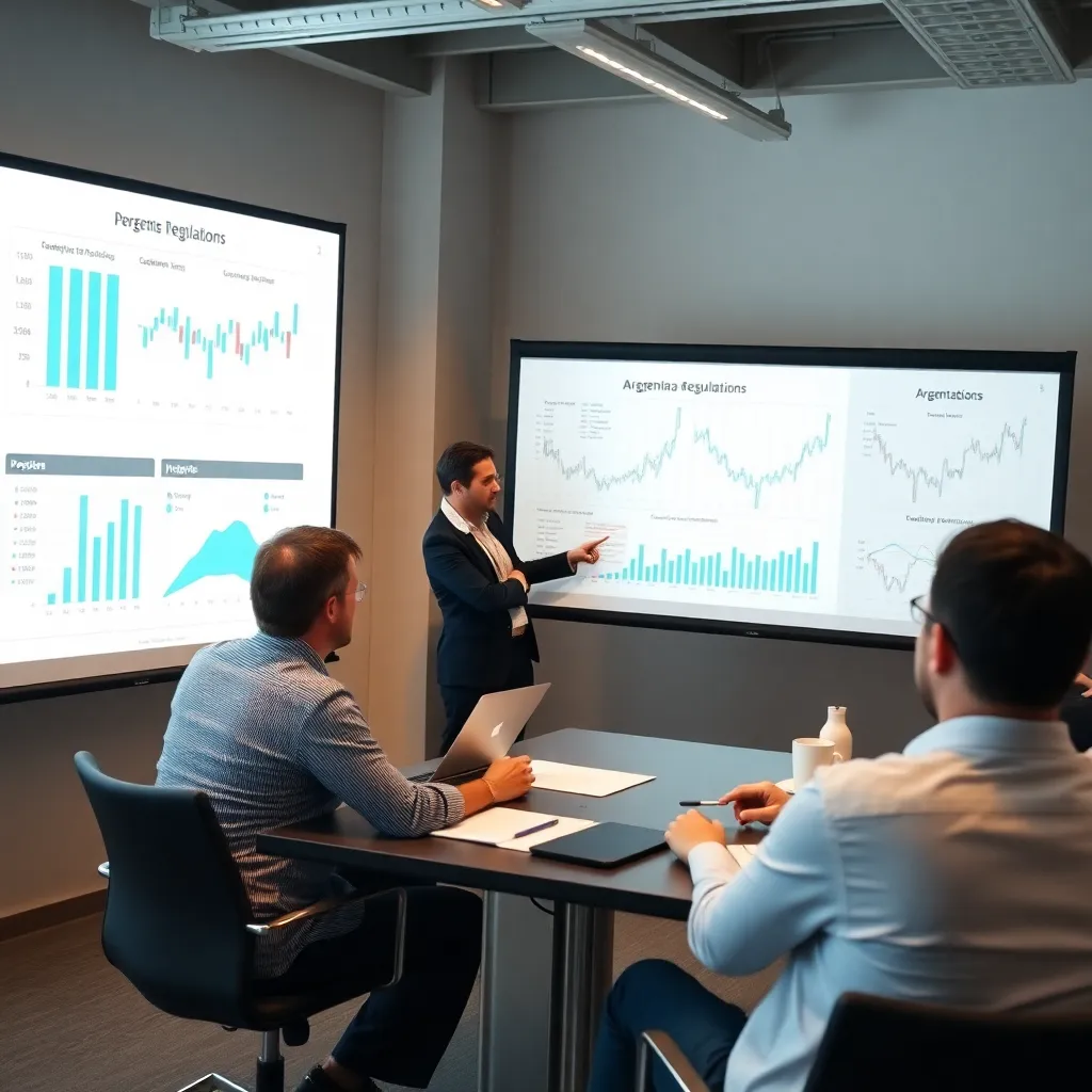 Equipo de consultores explicando regulaciones argentinas mediante gráficos y presentaciones