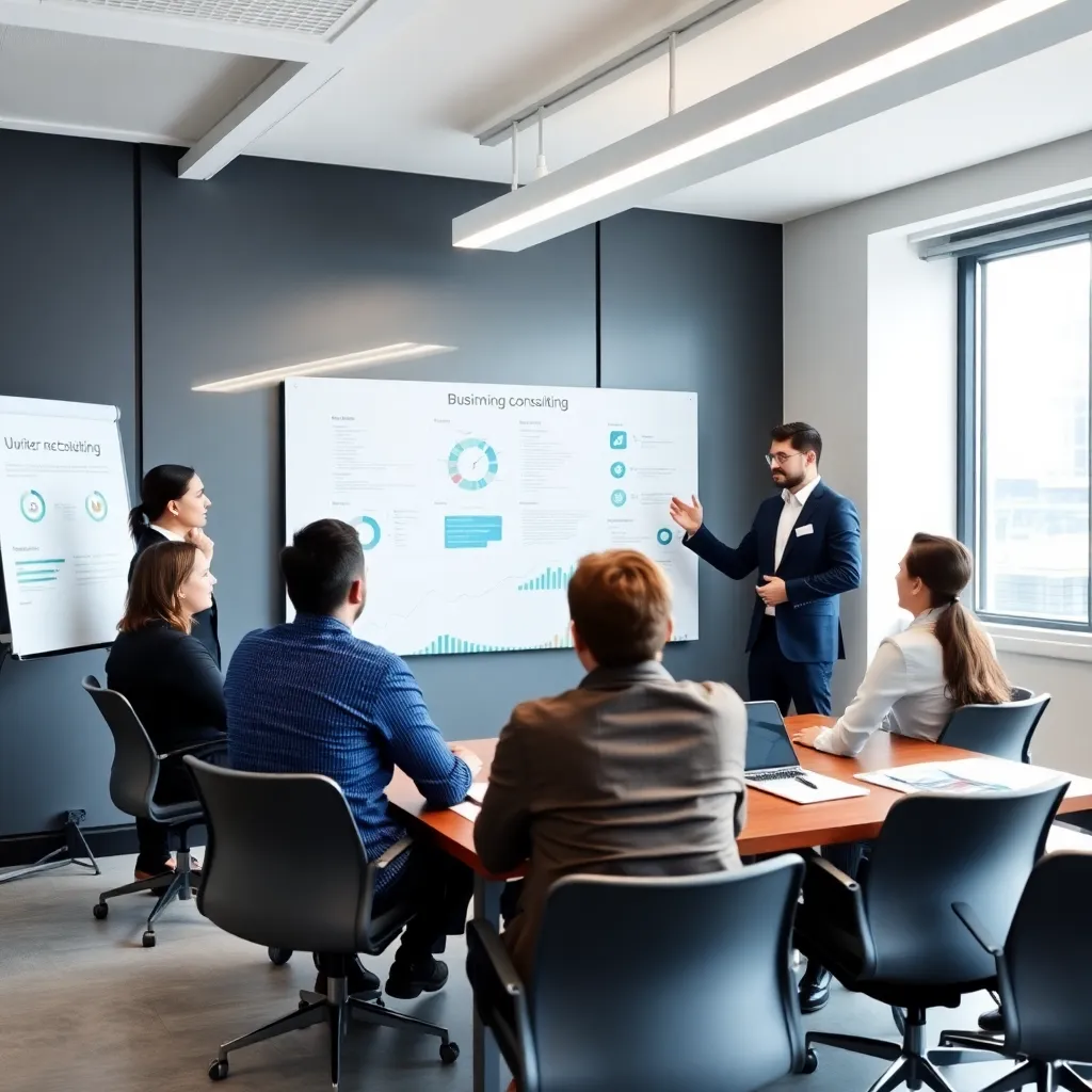 Equipo de consultores presentando metodología a clientes en Buenos Aires